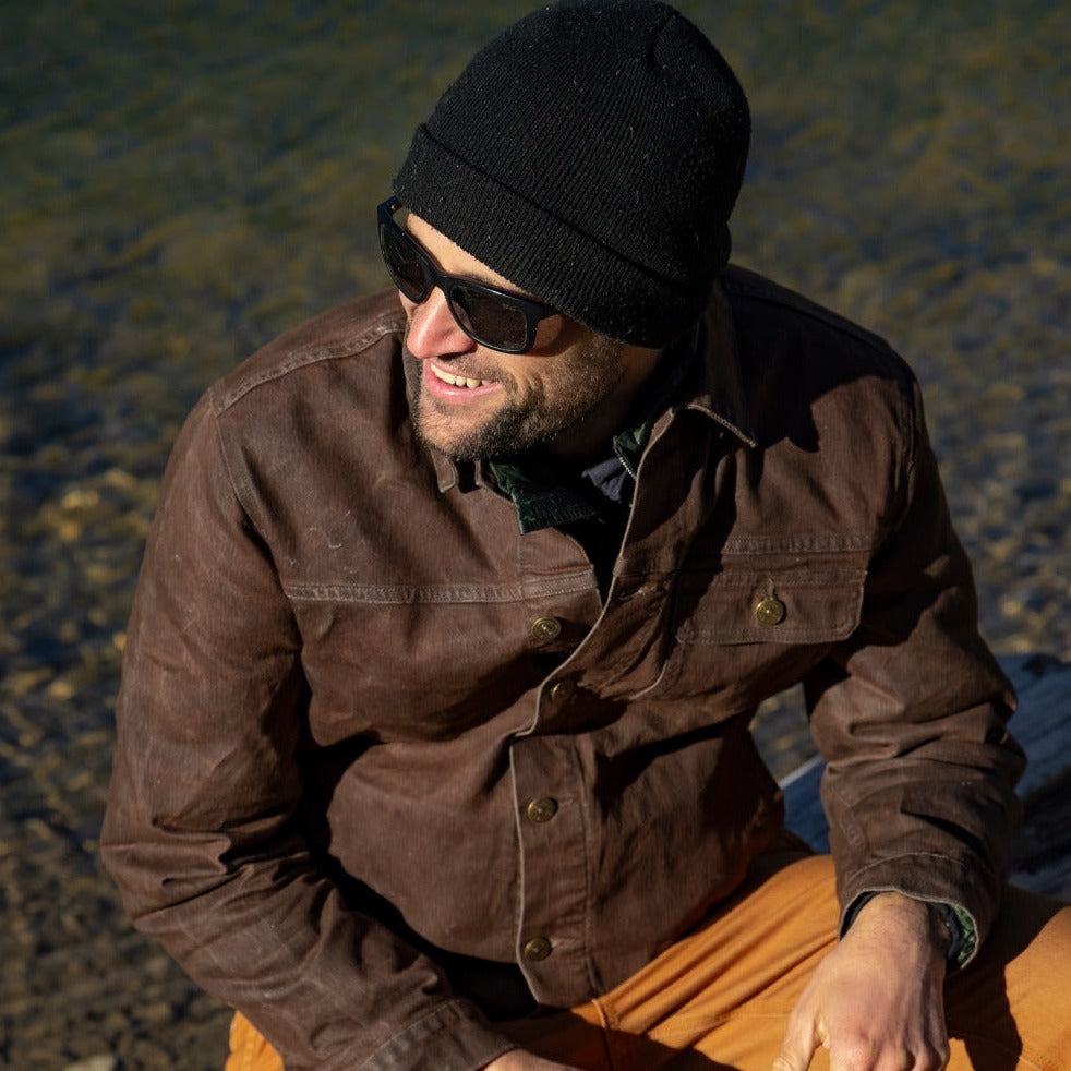 Bulletprufe brand Waxed Tin-Cloth jacket in tobacco brown colorway.