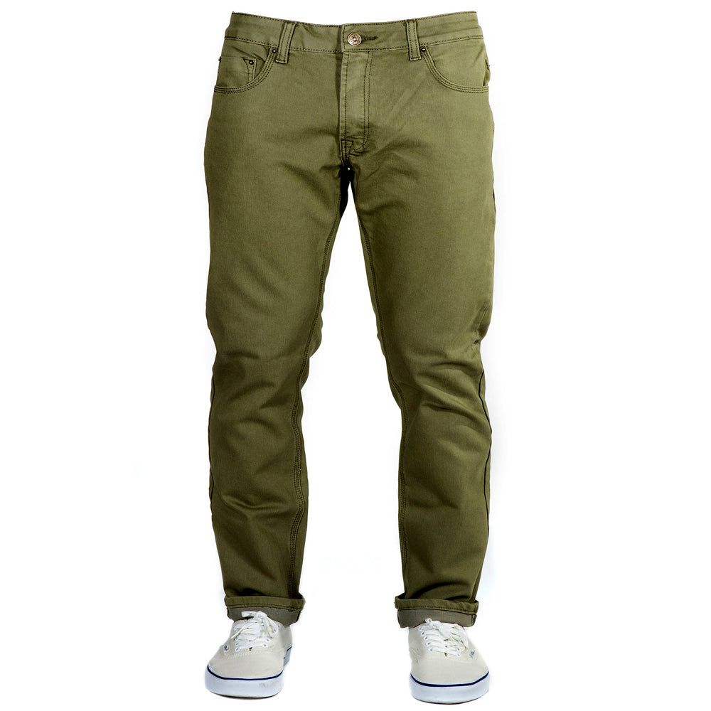 Front view of Olive Green Kush Denim Jeans - Adventure Fit - 4th Gen pants, featuring a stylish and comfortable design. 