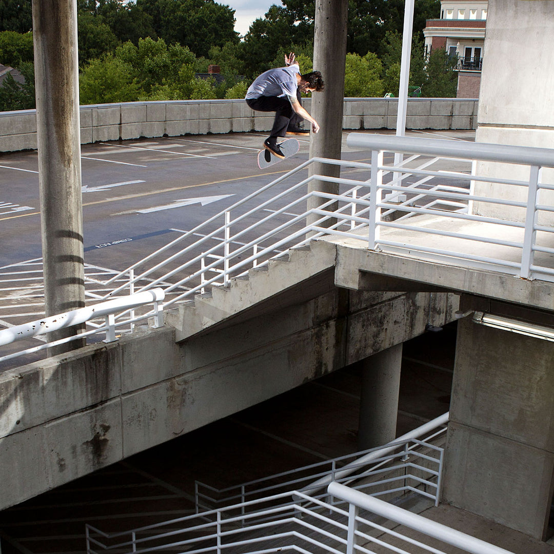 Thrilling Skateboard stunt while wearing Blackout Denim - Adventure Fit - 6th Gen Bulletprufe Jeans. 6th Gen Blackouts offer unparalleled durability with a supremely comfortable fit.