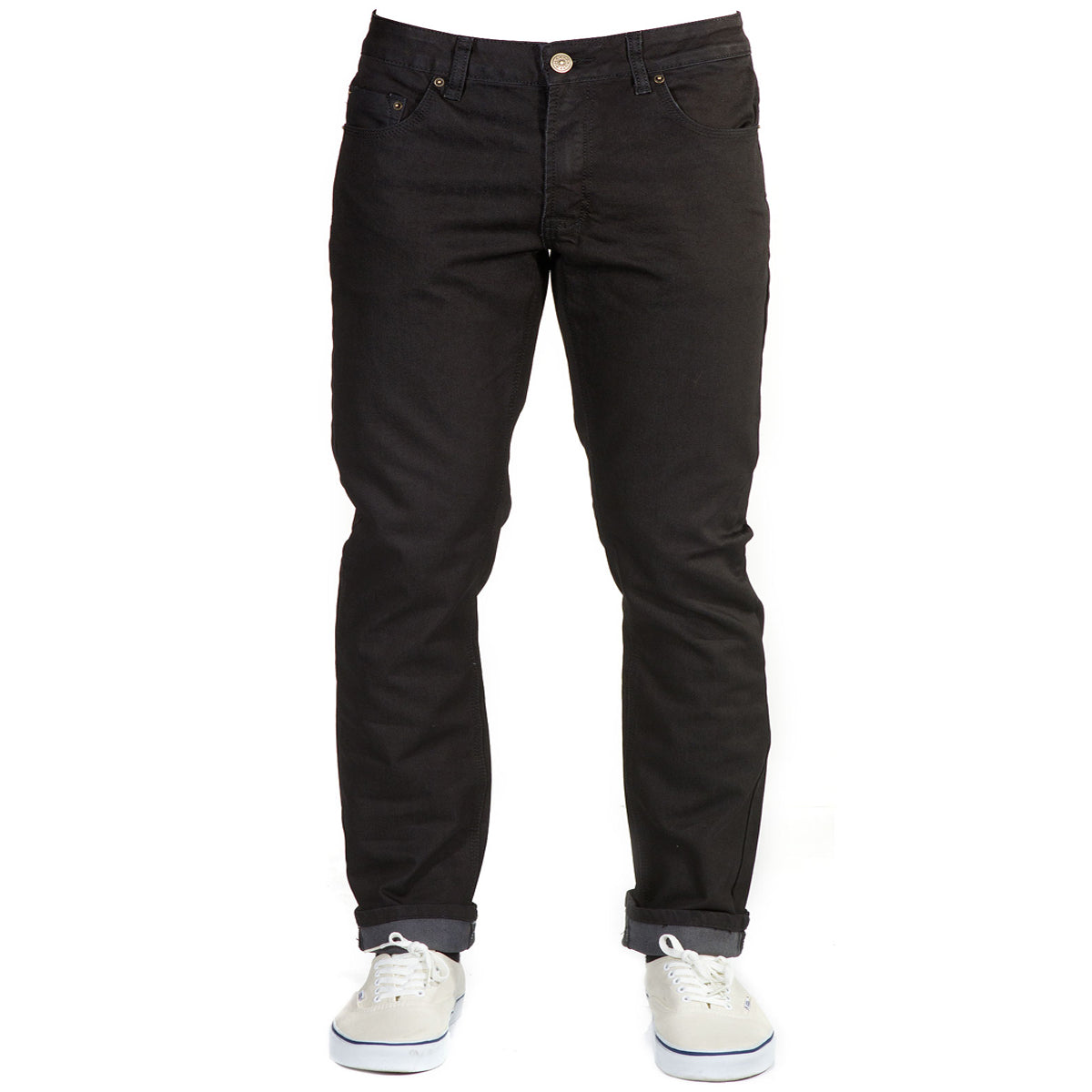 Front View of Blackout Denim - Adventure Fit - 6th Gen Bulletprufe Jeans. Engineered with precision, they are designed to withstand the demands of any adventure, ensuring long-lasting wear with classic dark denim style.