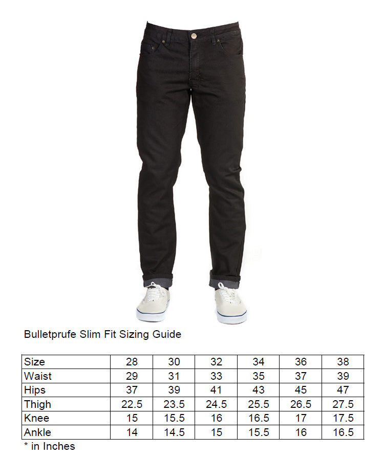 Front View of Blackout Denim - Slim Fit - 6th Gen Bulletprufe Jeans with Fit Sizing Guide for Your Perfect Fit.