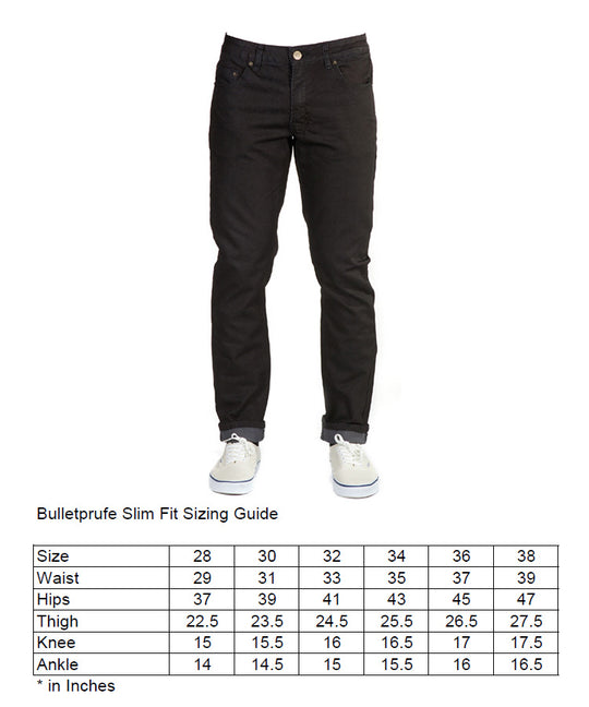 Front View of Blackout Denim - Slim Fit - 6th Gen Bulletprufe Jeans with Fit Sizing Guide for Your Perfect Fit.