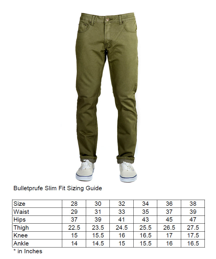 Front view of Olive Green Kush Denim - Slim Fit - 6th Gen pants, showcasing their tailored and sleek design. Slim, but not skinny, fit.