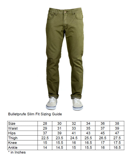 Front view of Olive Green Kush Denim - Slim Fit - 6th Gen pants, showcasing their tailored and sleek design. Slim, but not skinny, fit.