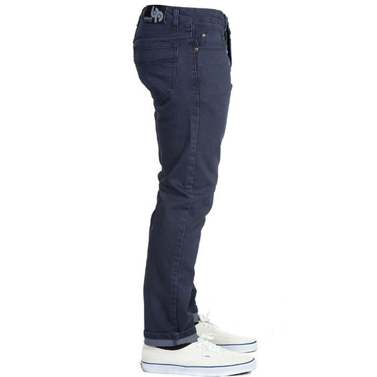 Side View of Midnight Blue Denim - Adventure Fit - 6th Gen, organic cotton, ballistic nylon, PET (recycled water bottles), and elastane.