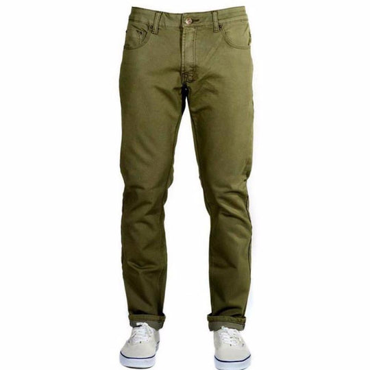 Front view of Olive Green Kush Denim - Slim Fit - 6th Gen pants, showcasing their tailored and sleek design. Slim, but not skinny, fit.