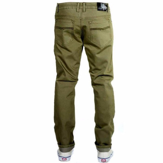 Back view of Olive Green Kush Denim - Slim Fit - 6th Gen pants, highlighting their slim and stylish profile.