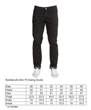 Front View of Blackout Denim - Slim Fit - 4th Gen Bulletprufe Jeans with Fit Sizing Guide for Your Perfect Fit.