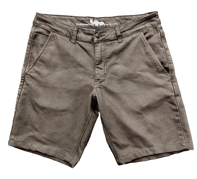 Front view of the new Targhee Shorts in Slate Grey from Bulletprufe Jeans. Built with the same rugged durability and all-day-wear comfort of our jeans, now in shorts.