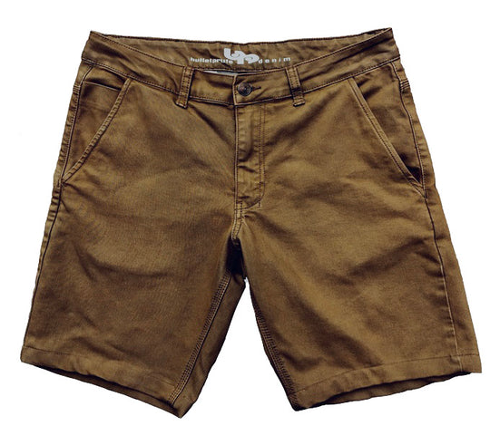 Front view of the new Targhee Shorts in Tobacco Brown from Bulletprufe Jeans. Built with the same rugged durability and all-day-wear comfort of our jeans, now in shorts.