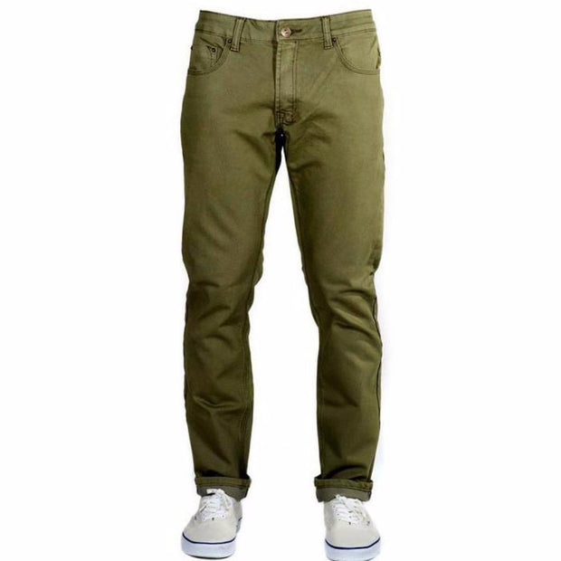 Front view of Olive Green Kush Denim - Slim Fit - 4th Gen pants, showcasing their tailored and sleek design. Slim, but not skinny, fit. 